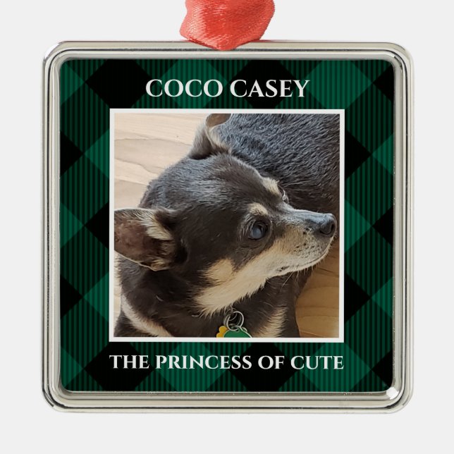 Christmas Your Pet Photo Buffalo Plaid Metal Ornament (Front)