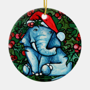 Christmas Yule Elephant with Holly Ceramic Ornament
