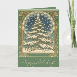 Christmas Yule Tree Snowflakes and Stars Art Nouve Holiday Card
