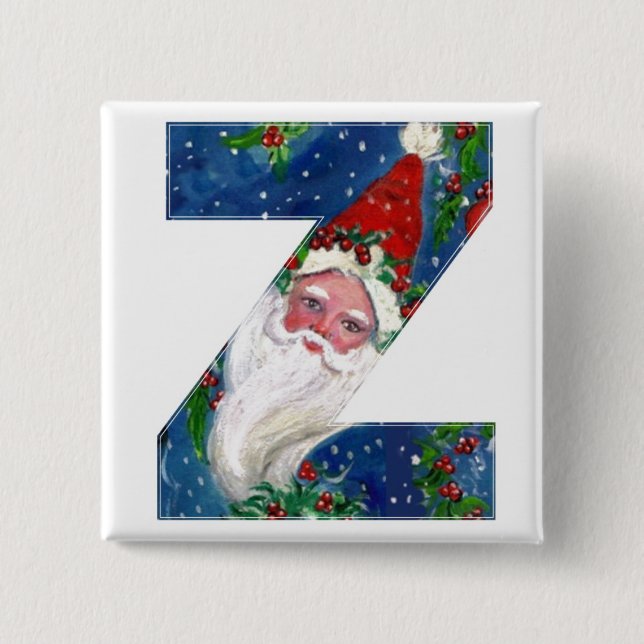 CHRISTMAS Z LETTER / SANTA  RED RIBBON MONOGRAM 2 INCH SQUARE BUTTON (Front)