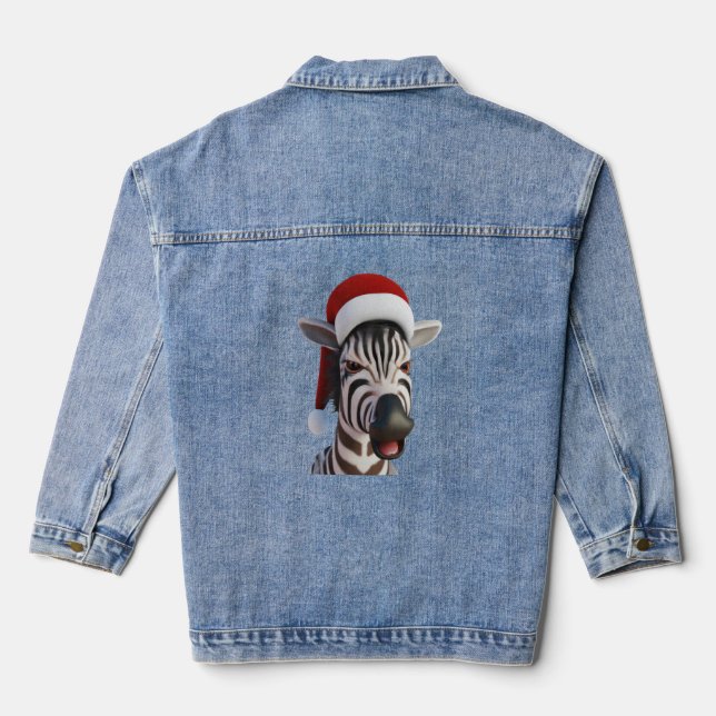 Christmas Zebra Funny Animal Wearing Santa Hat Denim Jacket (Back)