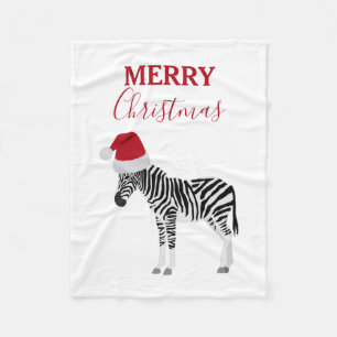 Christmas Zebra Funny Animal with Santa Hat  Fleece Blanket