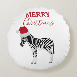 Christmas Zebra Funny Animal with Santa Hat  Round Pillow