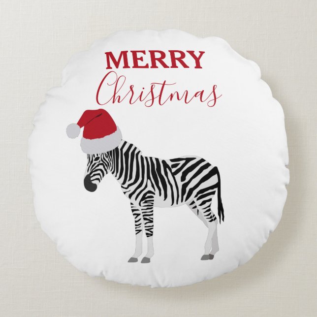 Christmas Zebra Funny Animal with Santa Hat  Round Pillow (Front)