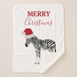 Christmas Zebra Funny Animal with Santa Hat  Sherpa Blanket