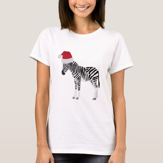 Christmas Zebra Funny Animal with Santa Hat T-Shirt (Front)