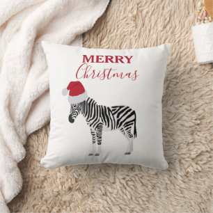 Christmas Zebra Funny Animal with Santa Hat  Throw Pillow