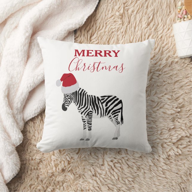 Christmas Zebra Funny Animal with Santa Hat  Throw Pillow (Blanket)