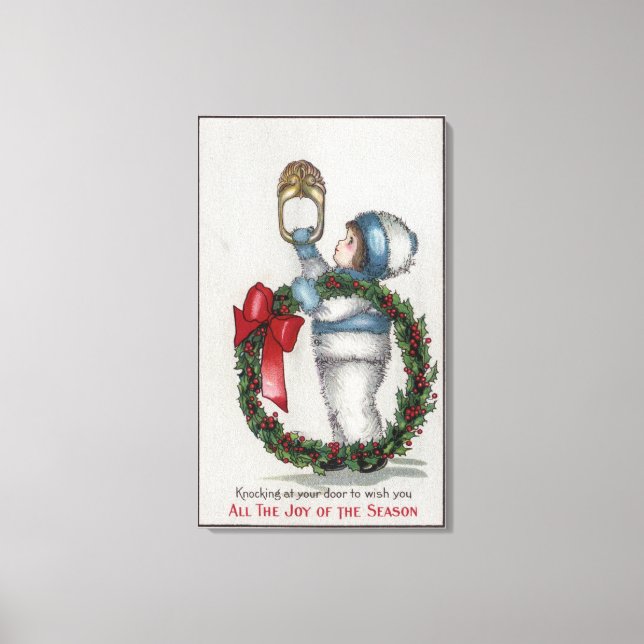 ChristmasKid Holding Wreath Knocking Canvas Print (Front)