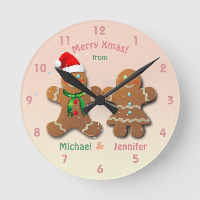 Christmassy Gingerbread Man and Gingerbread Lady Round Clock (Front)