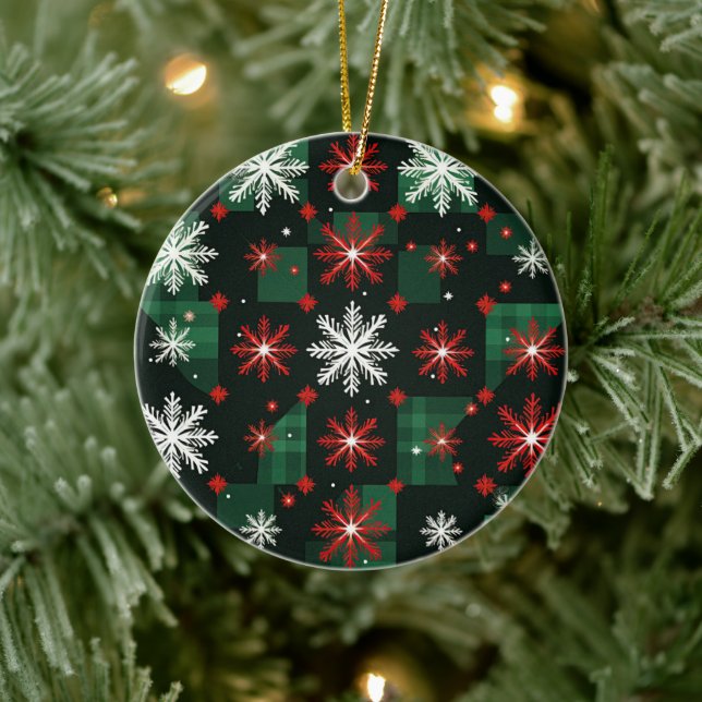 Christmassy Red and Green Plaid Pattern Ceramic Ornament (Tree)