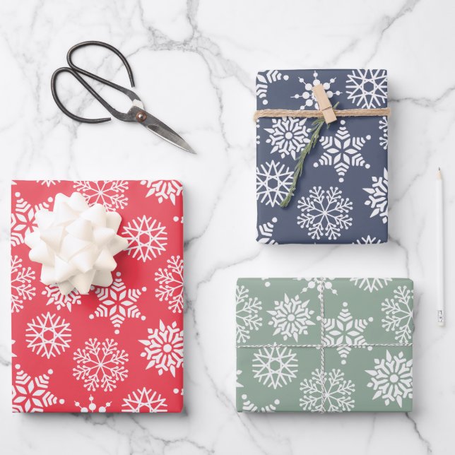 Christmast Snowflake Red Green Blue Pattern Wrapping Paper Sheet (Front)