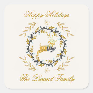 Christmastime Deer with Wreath Yellow Cream Square Sticker