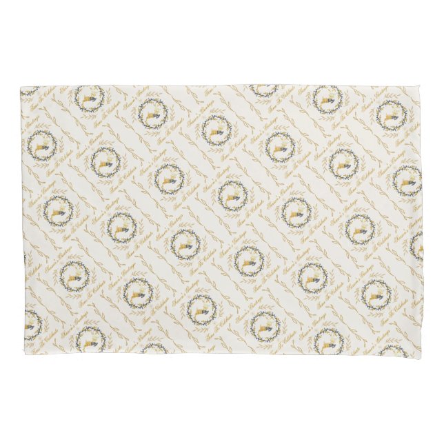 Christmastime Deer & Wreath Yellow Cream Pattern Pillowcase (Front)