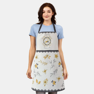 Christmastime Deer Yellow Cream Floral Blue Apron