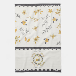 Christmastime Deer Yellow Cream Floral Blue Kitchen Towel