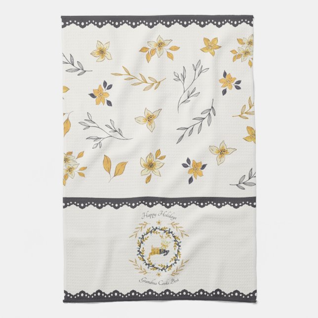 Christmastime Deer Yellow Cream Floral Blue Kitchen Towel (Vertical)