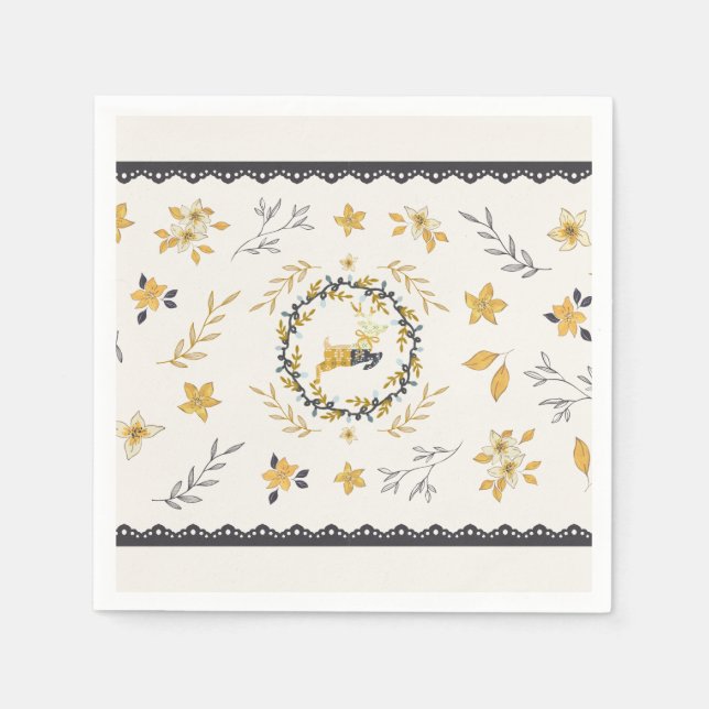 Christmastime Deer Yellow Cream Floral Blue Napkin (Front)