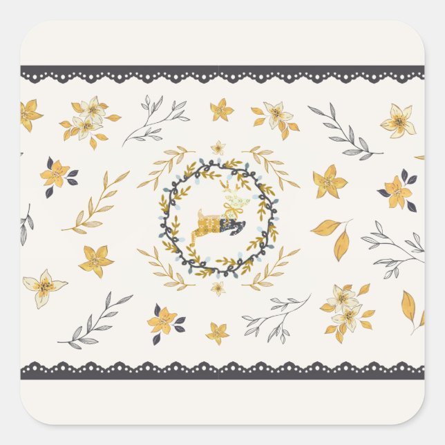 Christmastime Deer Yellow Cream Floral Blue Square Sticker (Front)