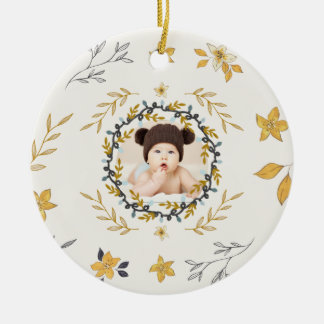 Christmastime Deer Yellow Cream Floral Photo Ceramic Ornament