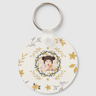 Christmastime Deer Yellow Cream Floral Photo Keychain