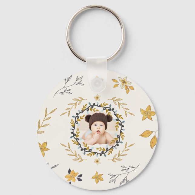 Christmastime Deer Yellow Cream Floral Photo Keychain (Front)
