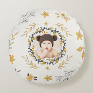 Christmastime Deer Yellow Cream Floral Photo Round Pillow
