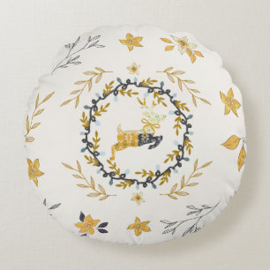 Christmastime Deer Yellow Cream Floral Round Pillow