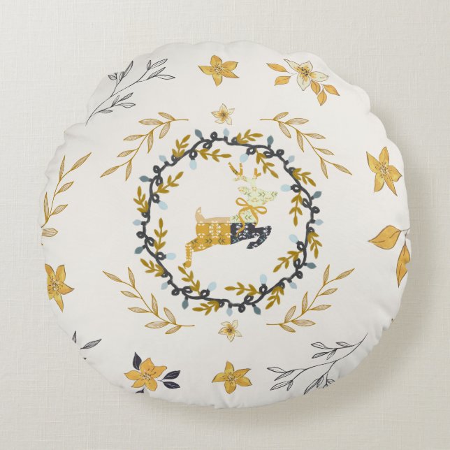 Christmastime Deer Yellow Cream Floral Round Pillow (Front)