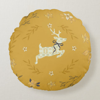 Christmastime Deer Yellow Floral Round Pillow