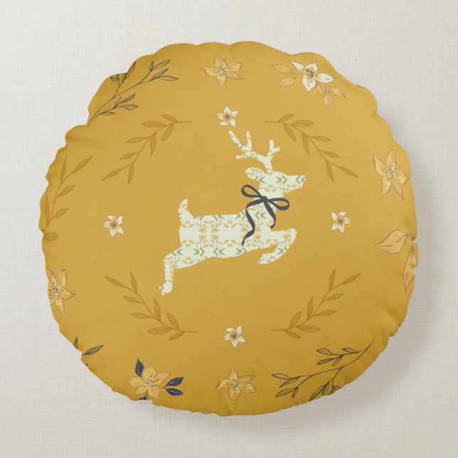 Christmastime Deer Yellow Floral Round Pillow (Front)