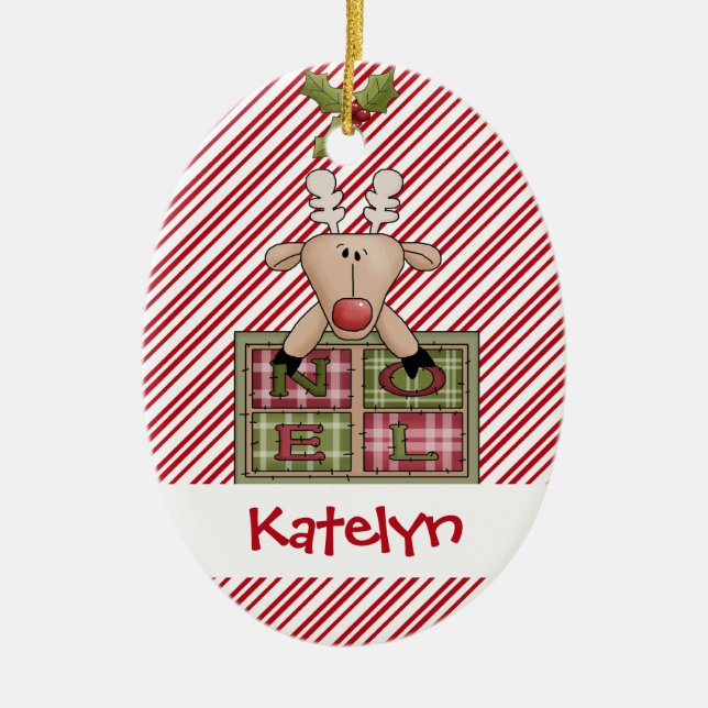 Christmastime Reindeer Noel Gift Ceramic Ornament (Front)