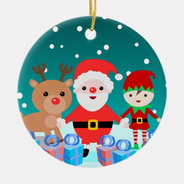 CHRISTMASTIME WITH SANTA AND HIS FRIENDS CERAMIC ORNAMENT (Front)