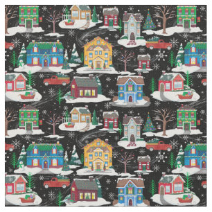 ChristmasTown Fabric, Cute Xmas Village on Black Fabric