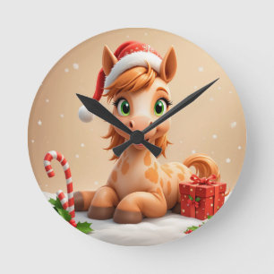 Christms Cartoon Horse With Santa Hat Round Clock