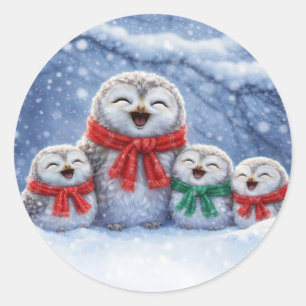Christms Cute Owls and Snow Classic Round Sticker