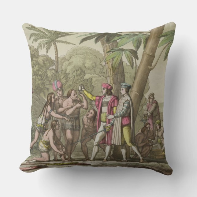 Christopher Columbus (1451-1506) with Native Ameri Throw Pillow (Front)