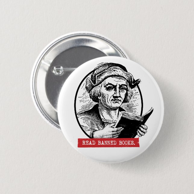 Christopher Columbus Reads Banned Books 2 Inch Round Button (Front & Back)