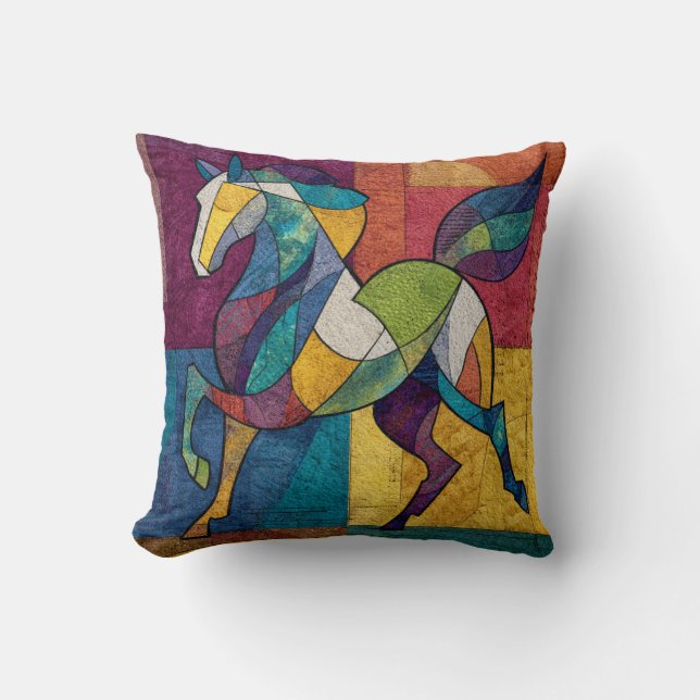 Chromatic Gallop – Abstract Horse in Motion Throw Pillow (Front)
