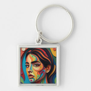 Chromatic Grace – Modern Paper-Cut Portrait Keychain