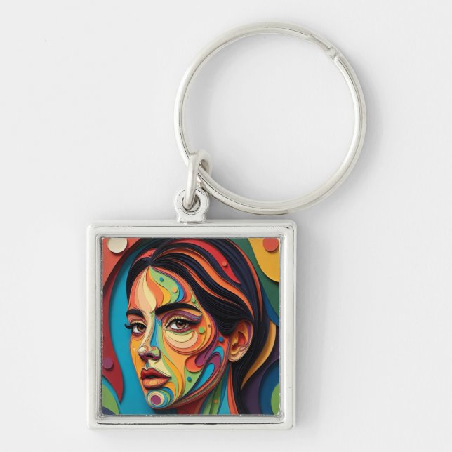 Chromatic Grace – Modern Paper-Cut Portrait Keychain (Front)