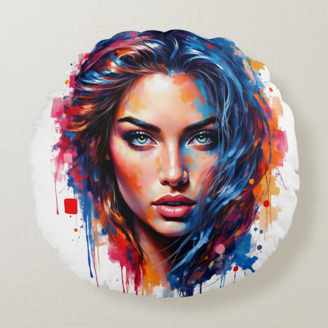 Chromatic Muse – Neon Splash Portrait Round Pillow (Front)