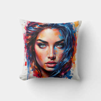 Chromatic Muse – Neon Splash Portrait Throw Pillow