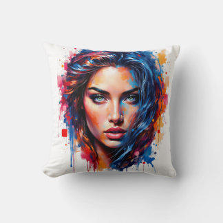 Chromatic Muse – Neon Splash Portrait Throw Pillow