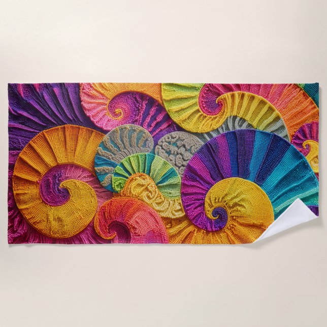 Chromatic Shells: Vibrant Spiral Mosaic Beach Towel (Front)