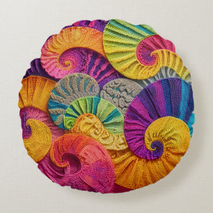 Chromatic Shells: Vibrant Spiral Mosaic Round Pillow