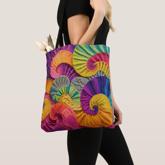 Chromatic Shells: Vibrant Spiral Mosaic Tote Bag (Close Up)