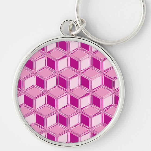Chrome 3-d boxes - fuchsia pink keychain (Front)