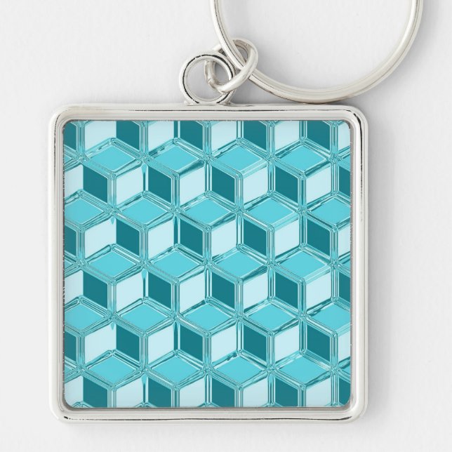 Chrome 3-d boxes - turquoise / aqua keychain (Front)