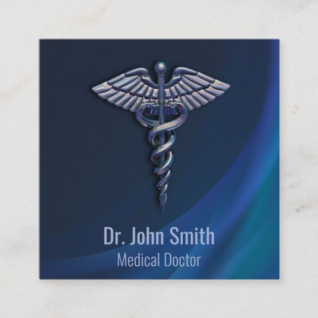 Chrome 3D Dark Holographic Medical Caduceus Square Business Card (Front)
